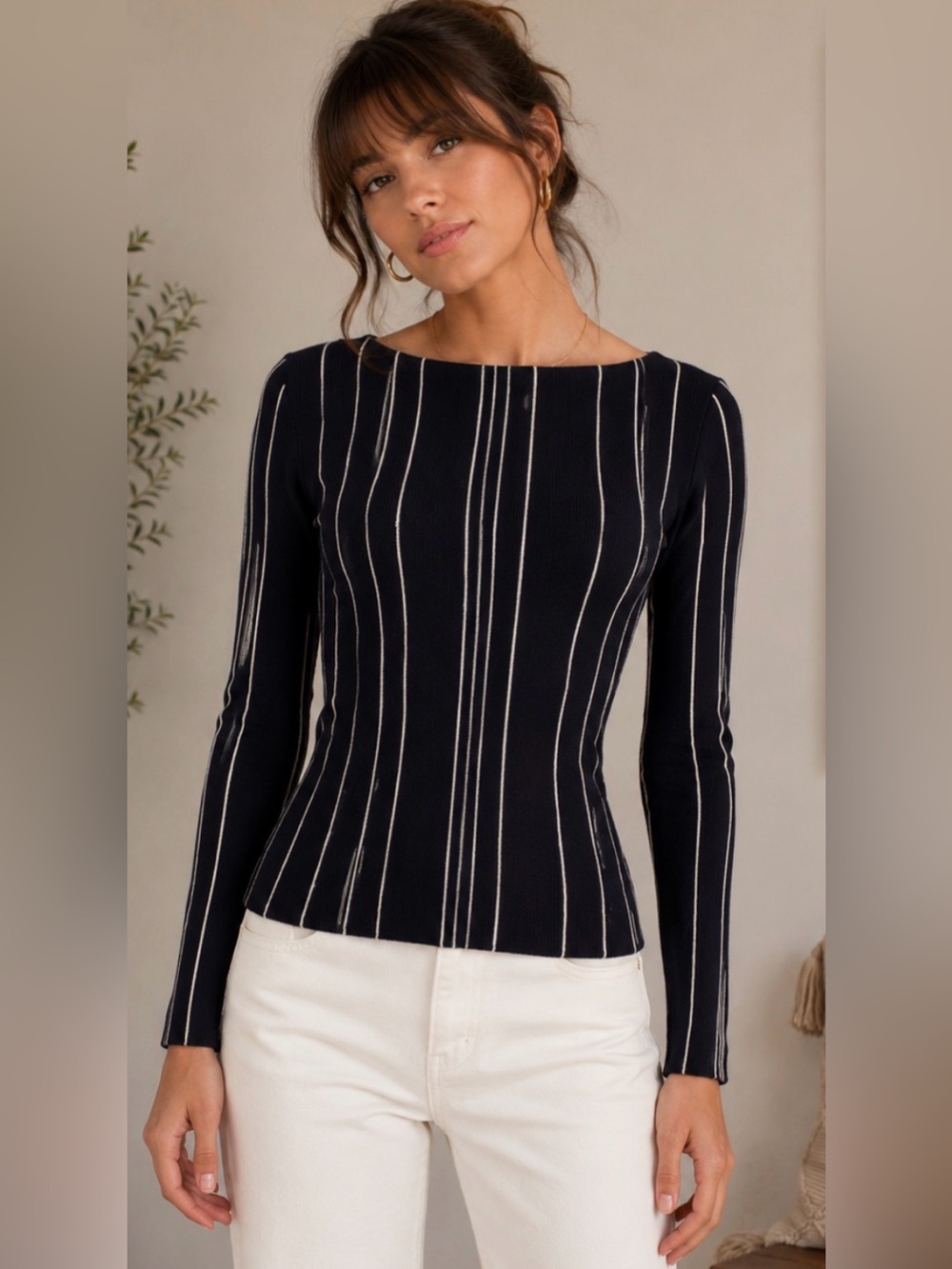 Theory Ribbed Knit striped long sleeve top navy white size small
